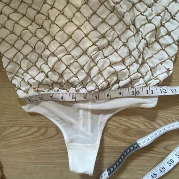 Free People Beaded Bodysuit Small Halter Open Back White Sparkle Glam Festival - Picture 3 of 12